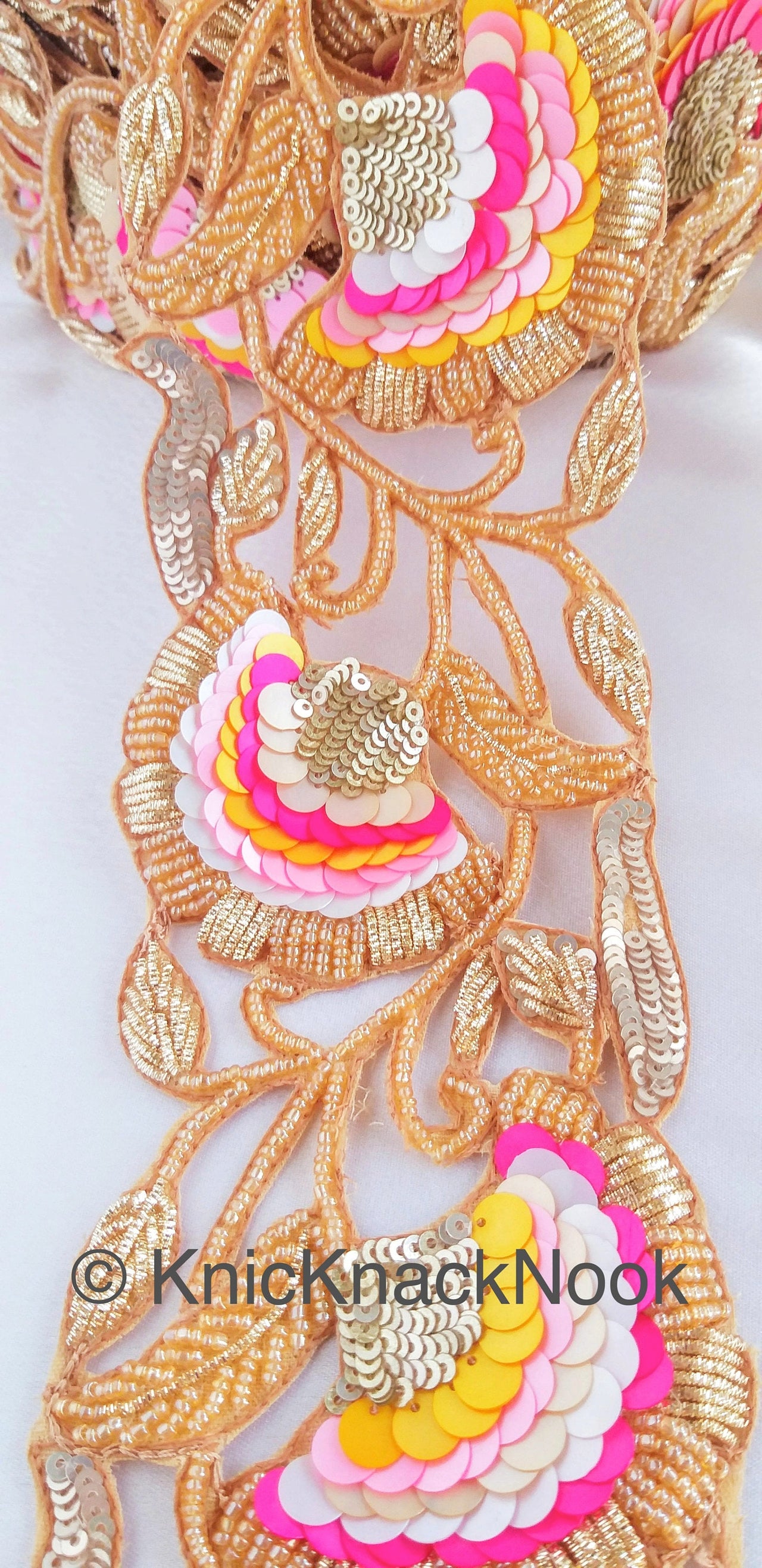 Exclusive Gold Hand Embroidered Cutwork Lace Trim, Floral Embroidery Beaded Trim, Sequins Trim