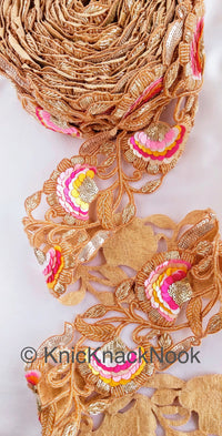 Thumbnail for Exclusive Gold Hand Embroidered Cutwork Lace Trim, Floral Embroidery Beaded Trim, Sequins Trim