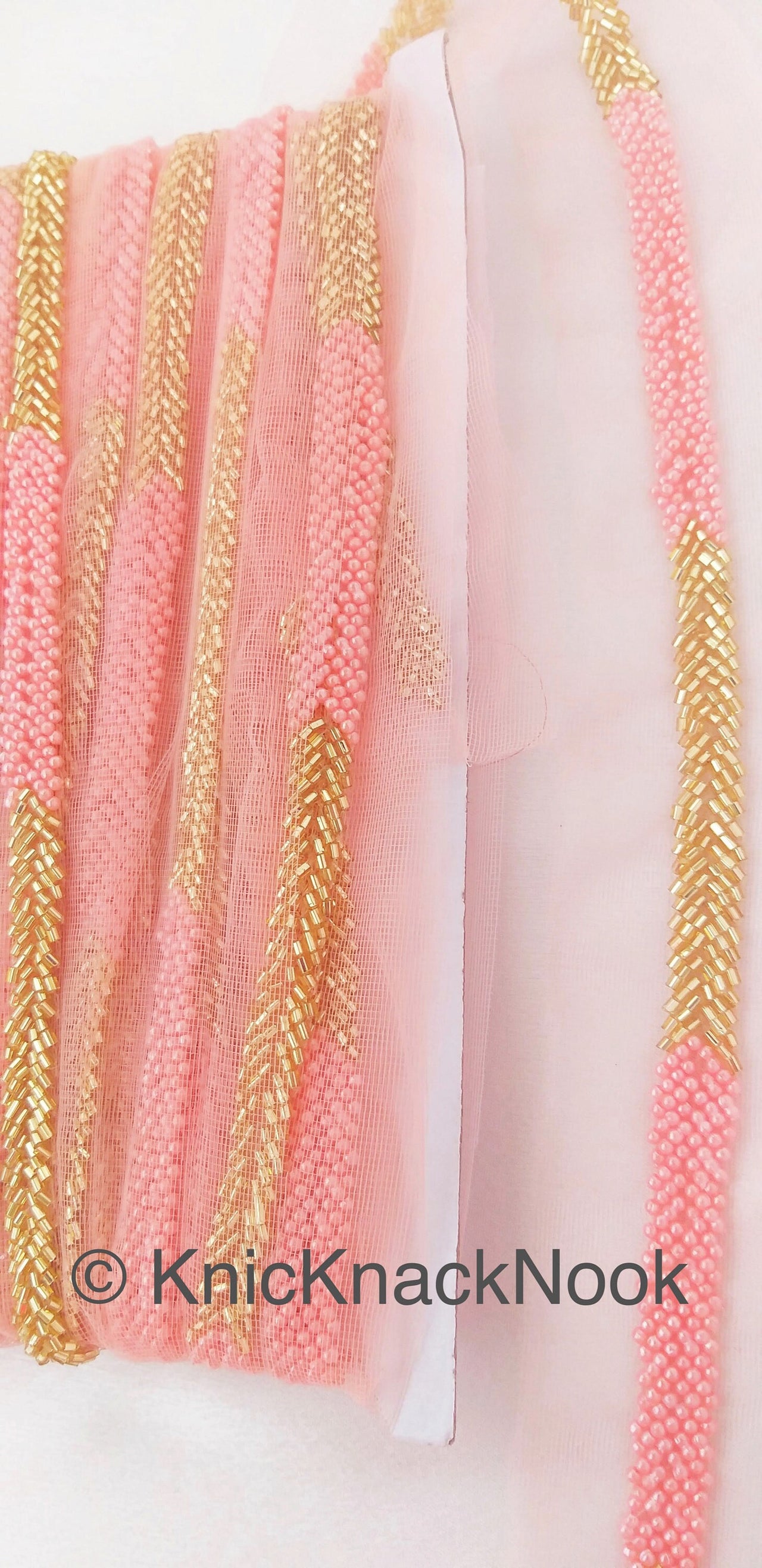 Green / Pink Net Lace Trim Hand Embroidered With Gold Bugle Beads And Ivory / Pink Seed Beads, Beaded Trim,