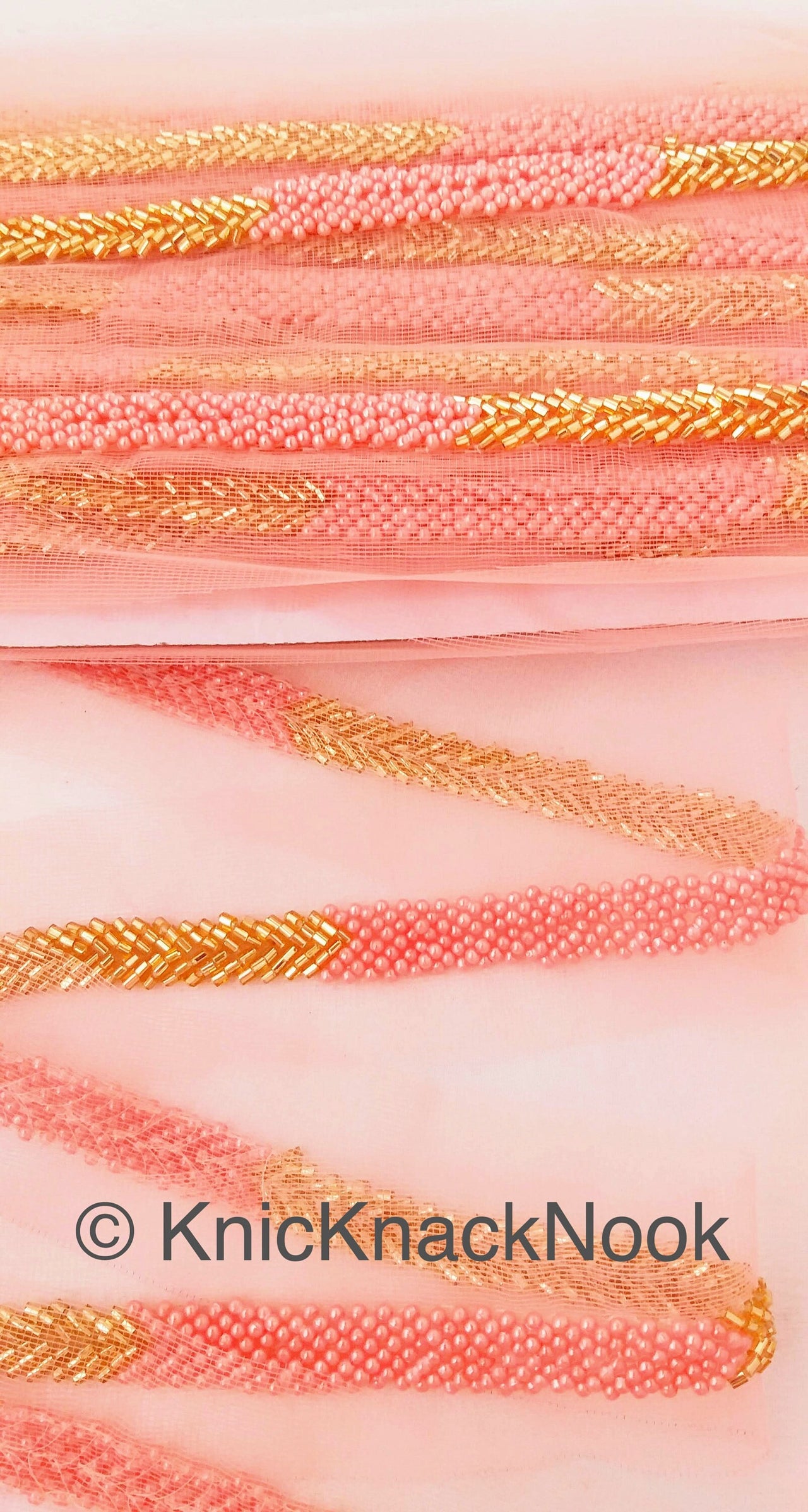 Green / Pink Net Lace Trim Hand Embroidered With Gold Bugle Beads And Ivory / Pink Seed Beads, Beaded Trim,