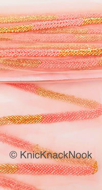 Thumbnail for Green / Pink Net Lace Trim Hand Embroidered With Gold Bugle Beads And Ivory / Pink Seed Beads, Beaded Trim,