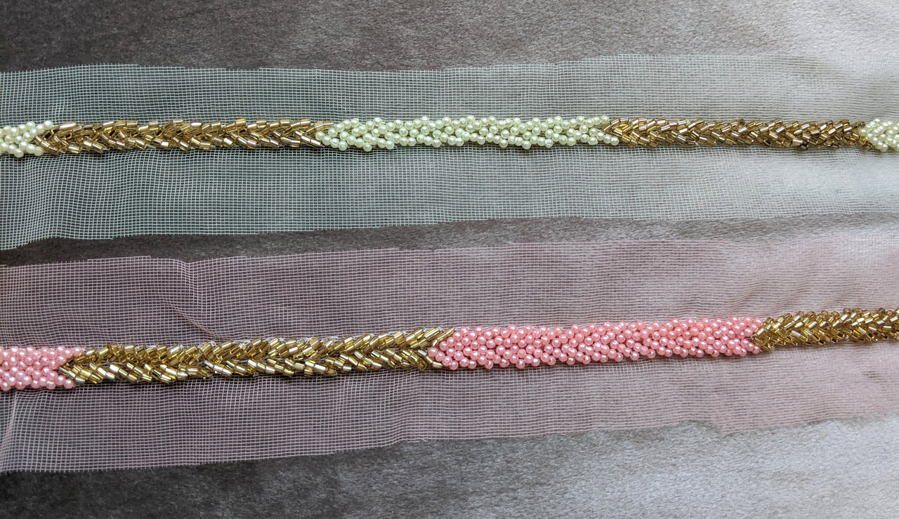 Green / Pink Net Lace Trim Hand Embroidered With Gold Bugle Beads And Ivory / Pink Seed Beads, Beaded Trim,