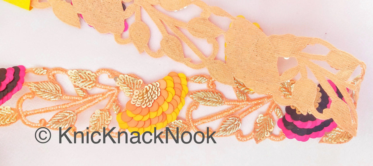 Pink / Peach Indian Beaded Lace Trim, Handmade, Sequins Trim