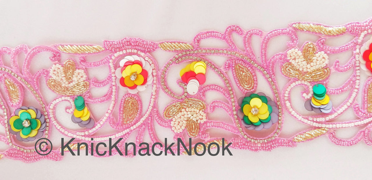 Pink Hand Embroidered Cutwork Beaded Trim, Multicolour Sequins Wedding Sash, Zardozi Sari Border Trim By Yard Decorative Exclusive Fashion