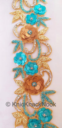 Thumbnail for Red / Blue & Gold Hand Embroidered Zardozi Cutwork Lace Trim Beaded Trim, Sequins Rhinestones Wedding Bridal Belt Decorative