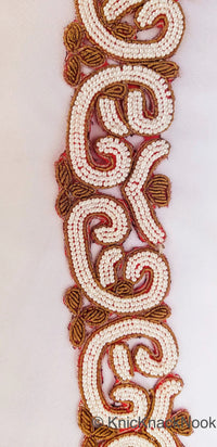 Thumbnail for Gold Zardozi Hand Embroidered Cutwork Lace Trim Beaded with Ivory Seed Beads, Wedding Trim, Indian Trim