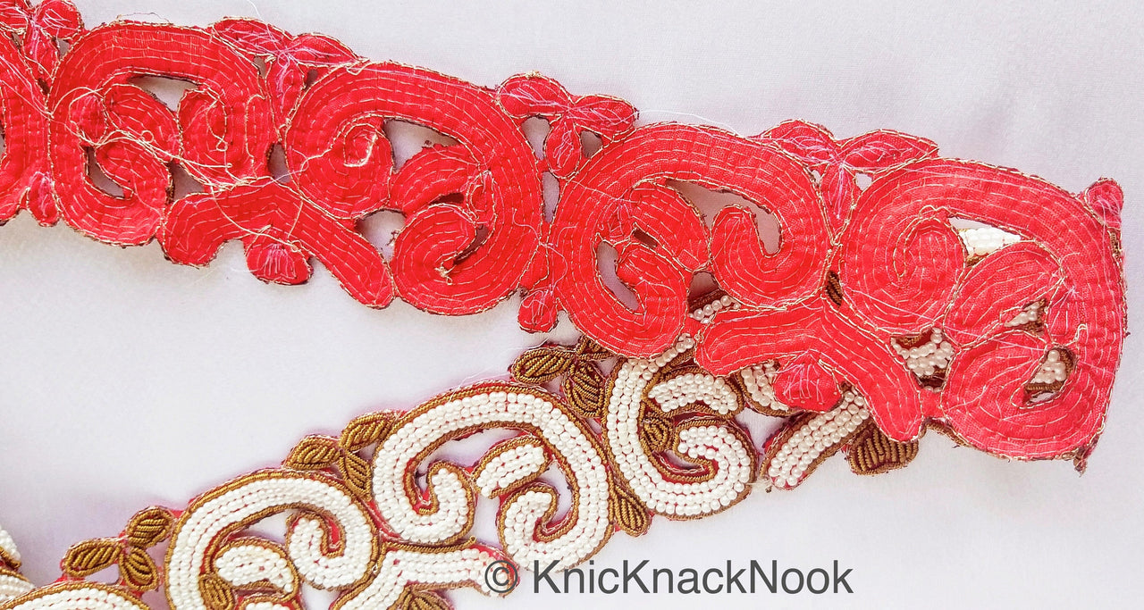 Gold Zardozi Hand Embroidered Cutwork Lace Trim Beaded with Ivory Seed Beads, Wedding Trim, Indian Trim