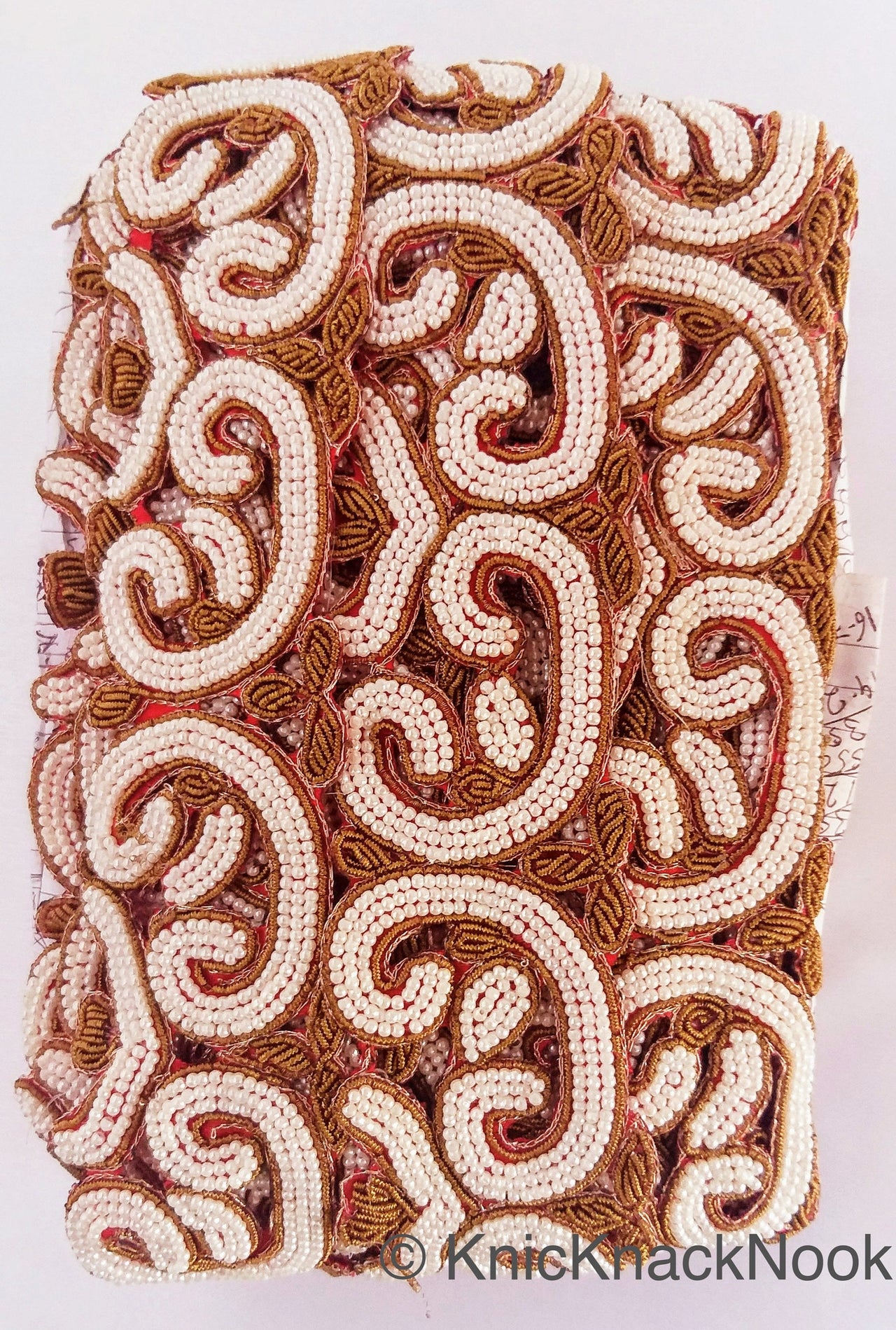 Gold Zardozi Hand Embroidered Cutwork Lace Trim Beaded with Ivory Seed Beads, Wedding Trim, Indian Trim