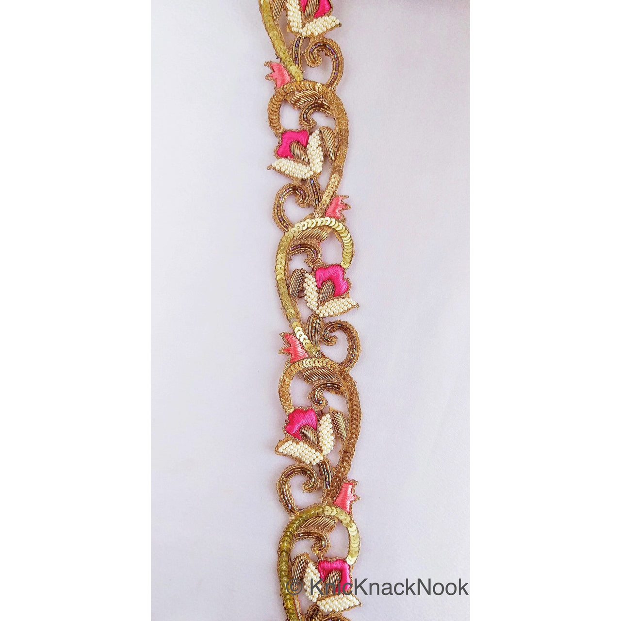 Hand Embroidered Lace Trim, Pink Floral Embroidery, Beaded In Off White Seed Beads & Bugle Beads
