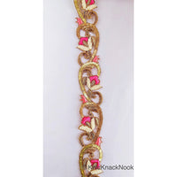 Thumbnail for Hand Embroidered Lace Trim, Pink Floral Embroidery, Beaded In Off White Seed Beads & Bugle Beads