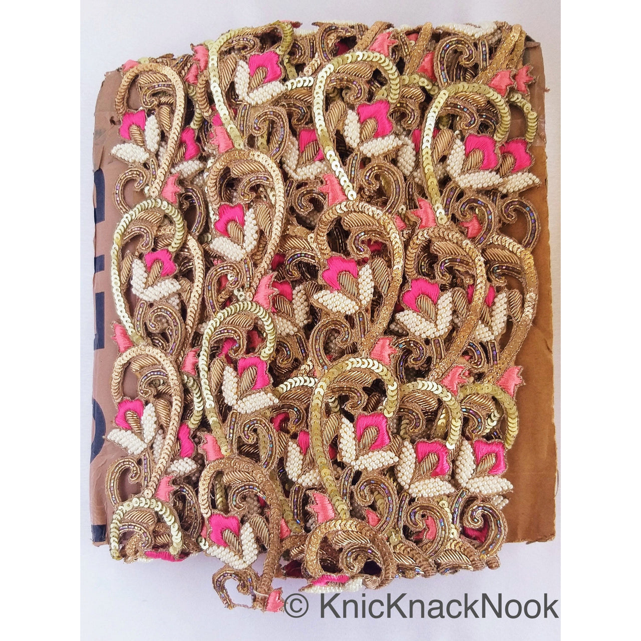 Hand Embroidered Lace Trim, Pink Floral Embroidery, Beaded In Off White Seed Beads & Bugle Beads