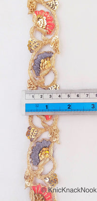 Thumbnail for Hand Embroidered Lace Trim In Grey and Orange Floral Embroidery, Gold Sequins and Antique Gold Zardozi, Wedding