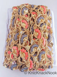 Thumbnail for Hand Embroidered Lace Trim In Grey and Orange Floral Embroidery, Gold Sequins and Antique Gold Zardozi, Wedding
