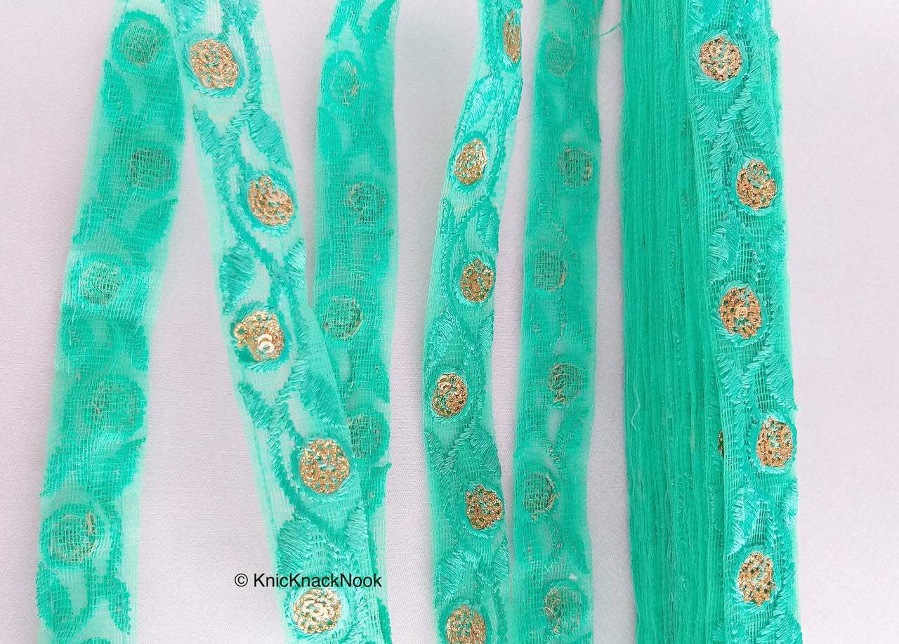Caribbean Green Net Lace Trim In Floral Embroidery And Glitter Gold Sequins, , Wedding Trims