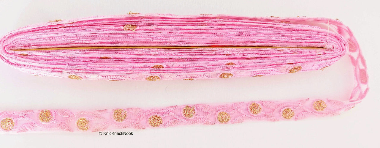 Pink Net Lace Trim In Floral Embroidery And Glitter Gold Sequins, , Wedding Trims