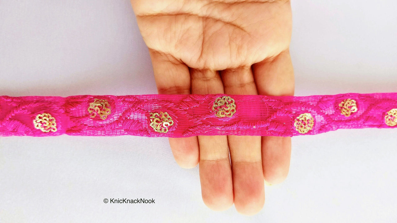 Fuchsia Pink Net Lace Trim In Floral Embroidery And Glitter Gold Sequins, , Wedding Trims