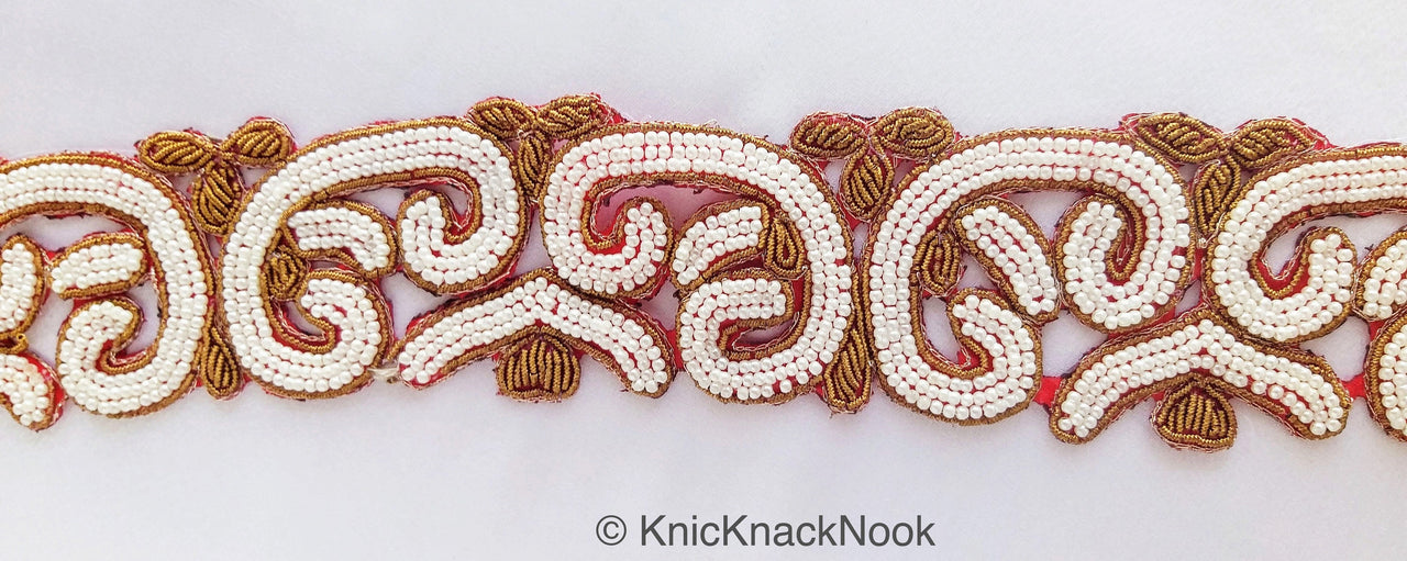Gold Zardozi Hand Embroidered Cutwork Lace Trim Beaded with Ivory Seed Beads, Wedding Trim, Indian Trim