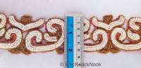 Thumbnail for Gold Zardozi Hand Embroidered Cutwork Lace Trim Beaded with Ivory Seed Beads, Wedding Trim, Indian Trim