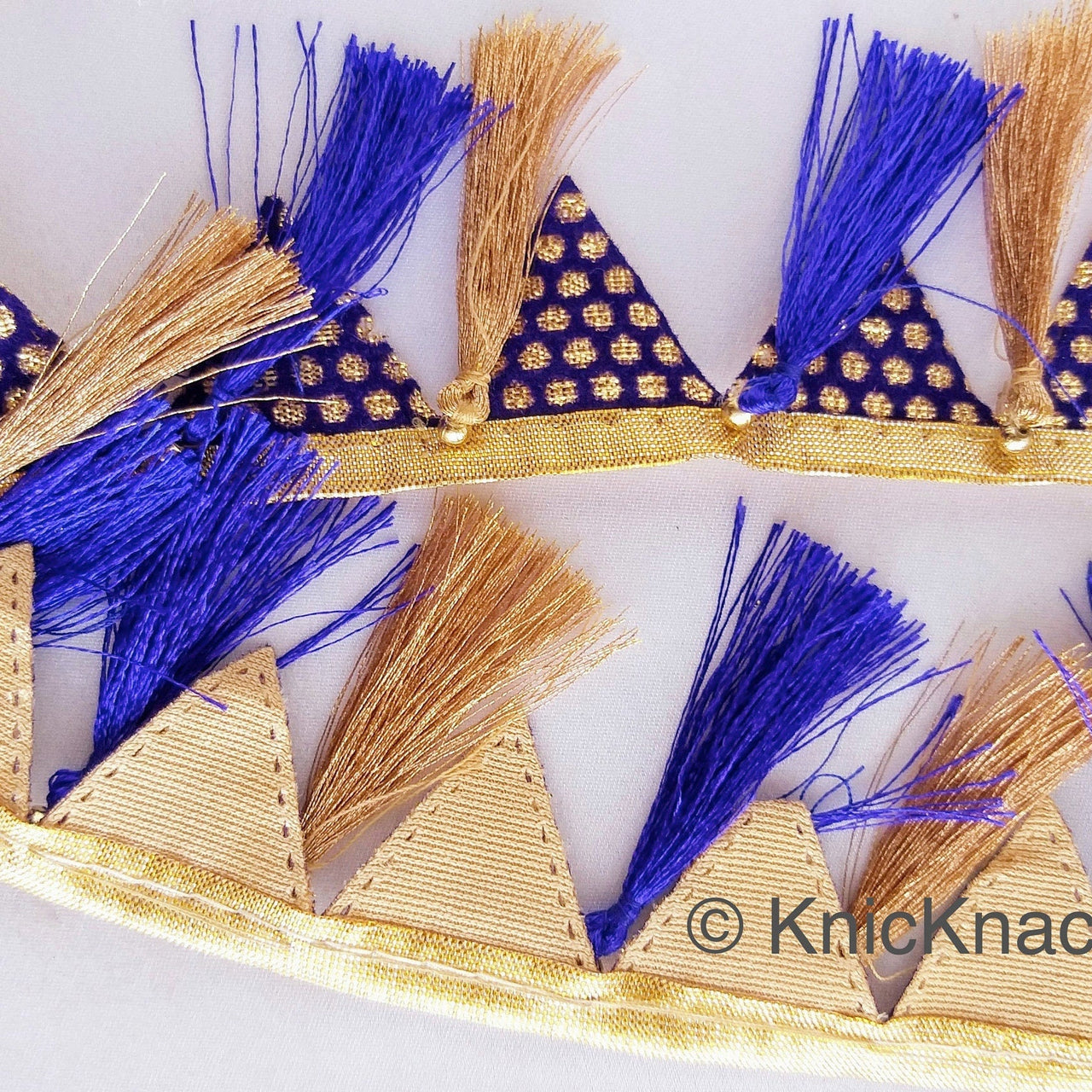 Gold Fringe Bunting Trim In Royal Blue & Gold Check Pattern With Royal Blue And Copper Thread Tassels, Decorative Trim, Tassels Trim