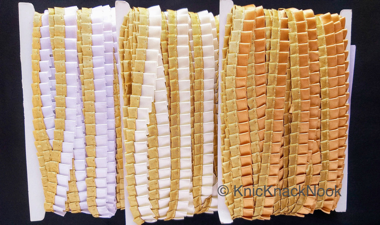 Satin, Tan Brown & Gold Pleated Lace Trim, Trim