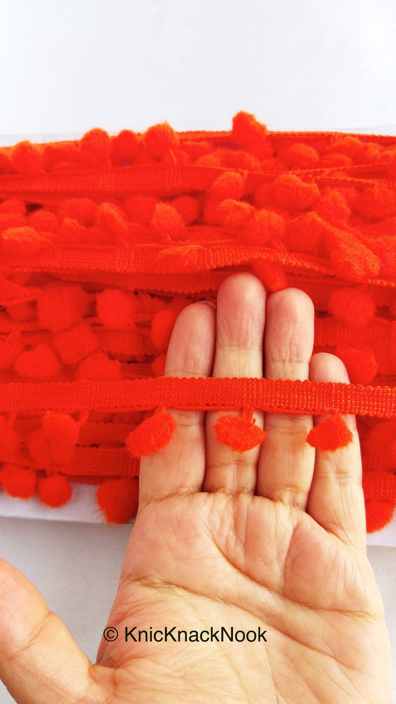 Deep Orange Pom Pom Fringe Trim, Pompom Trimming, Tassels