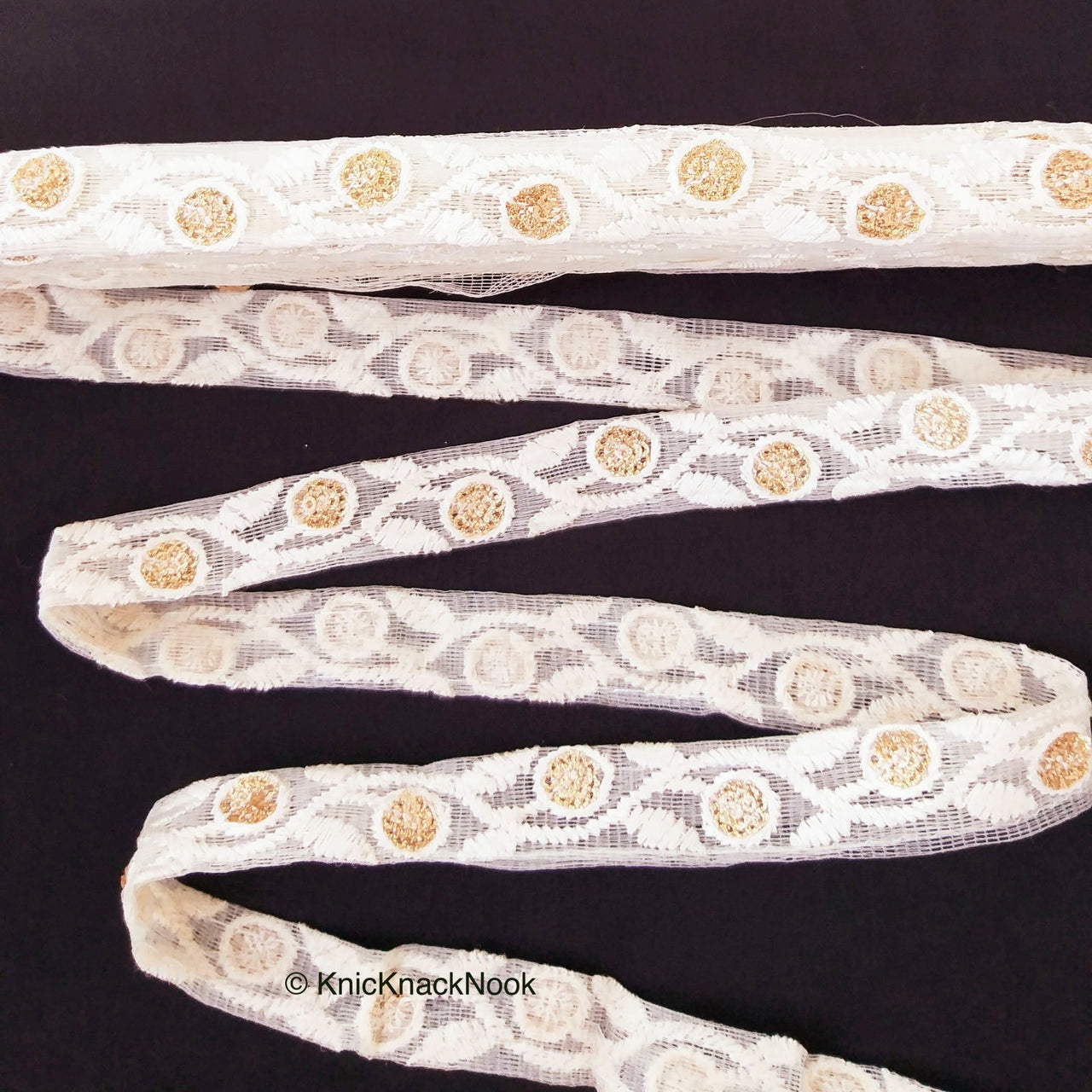 White Net Lace Trim In Floral Embroidery And Glitter Gold Sequins, , Wedding Trims