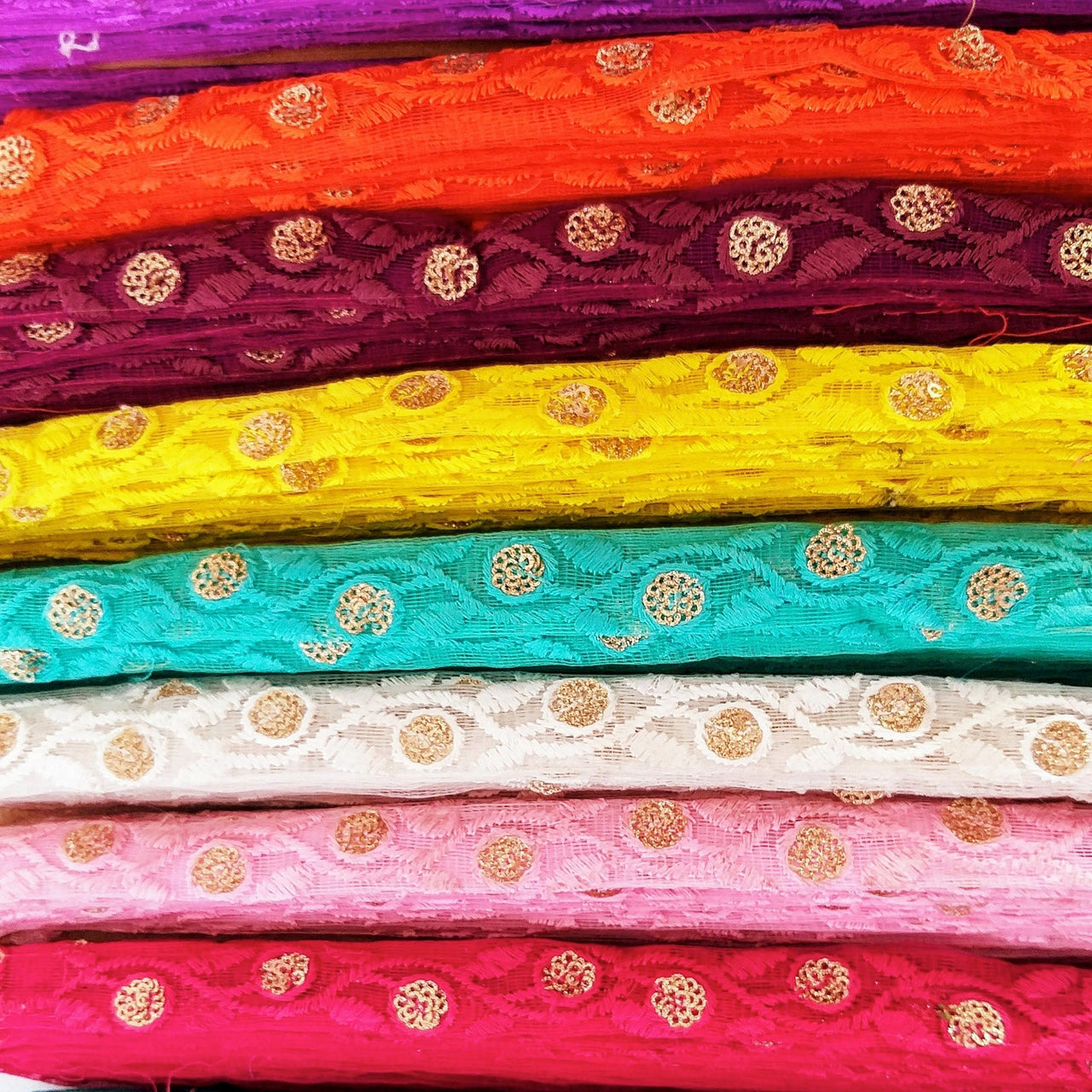 Fuchsia Pink Net Lace Trim In Floral Embroidery And Glitter Gold Sequins, , Wedding Trims