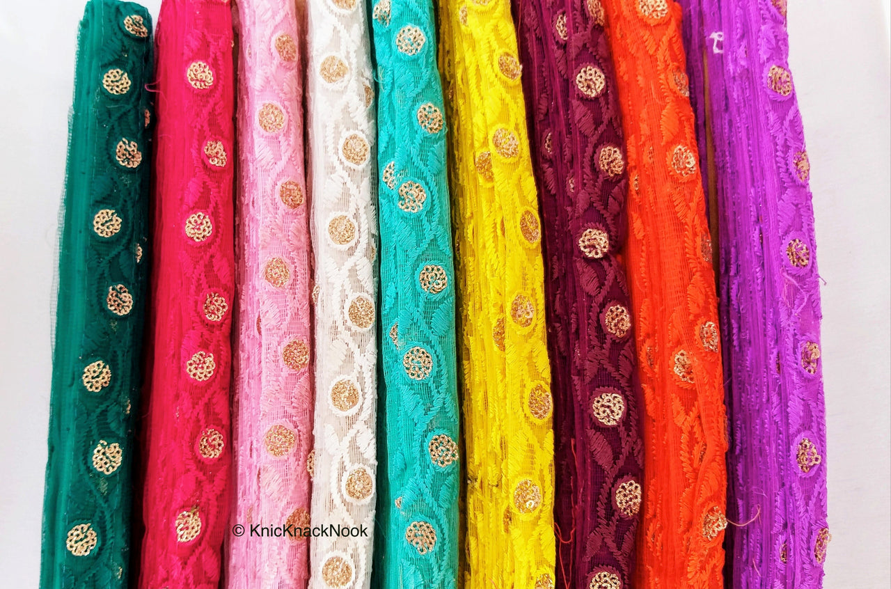 Fuchsia Pink Net Lace Trim In Floral Embroidery And Glitter Gold Sequins, , Wedding Trims