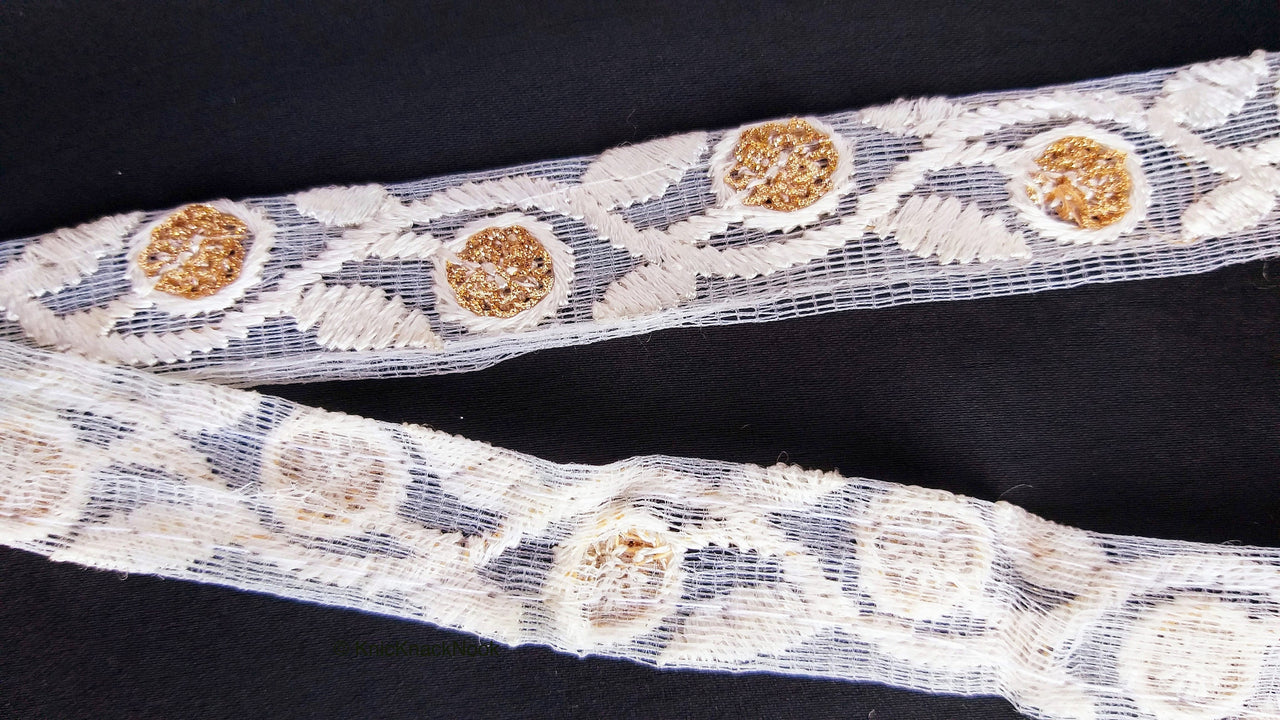 White Net Lace Trim In Floral Embroidery And Glitter Gold Sequins, , Wedding Trims