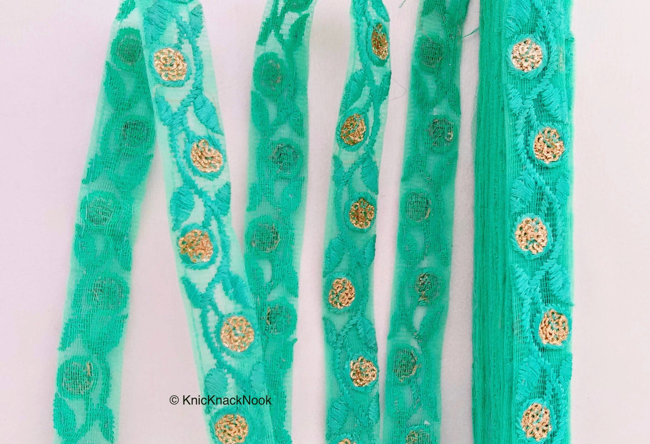 Caribbean Green Net Lace Trim In Floral Embroidery And Glitter Gold Sequins, , Wedding Trims
