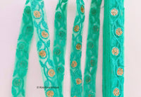 Thumbnail for Caribbean Green Net Lace Trim In Floral Embroidery And Glitter Gold Sequins, , Wedding Trims