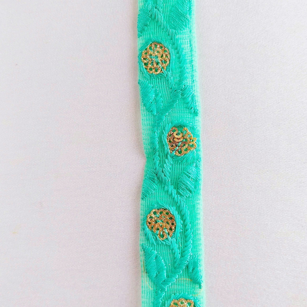 Caribbean Green Net Lace Trim In Floral Embroidery And Glitter Gold Sequins, , Wedding Trims