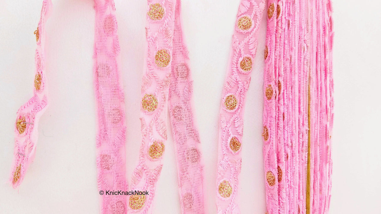 Pink Net Lace Trim In Floral Embroidery And Glitter Gold Sequins, , Wedding Trims