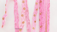 Thumbnail for Pink Net Lace Trim In Floral Embroidery And Glitter Gold Sequins, , Wedding Trims