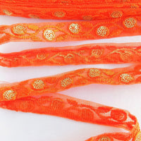 Thumbnail for Orange Net Lace Trim In Floral Embroidery And Glitter Gold Sequins, , Wedding Trims