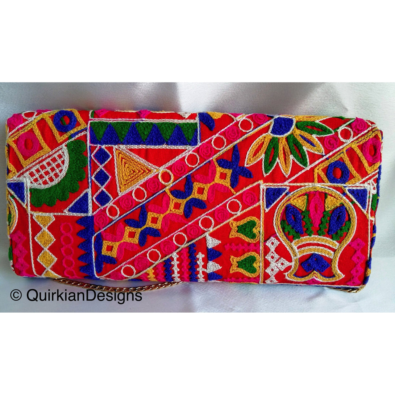 Red Fabric Clutch Purse With Floral Embroidery In Green, Yellow, Blue And Pink Threadwork & Pearl Beads Detail, Wedding Clutch, Boho Clutch