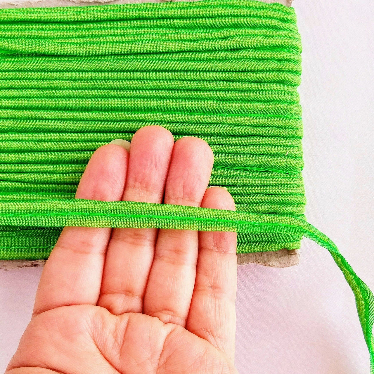 2mm Flanged Insertion Piping on 9mm Band, Green Art Silk Fabric Trim, Cord piping Trim