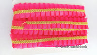 Thumbnail for Watermelon Red Satin And Watermelon Red Net Fabric Trim With Gold Embroidery Trimming, Pleated Lace, Trim