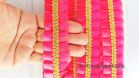 Thumbnail for Watermelon Red Satin And Watermelon Red Net Fabric Trim With Gold Embroidery Trimming, Pleated Lace, Trim