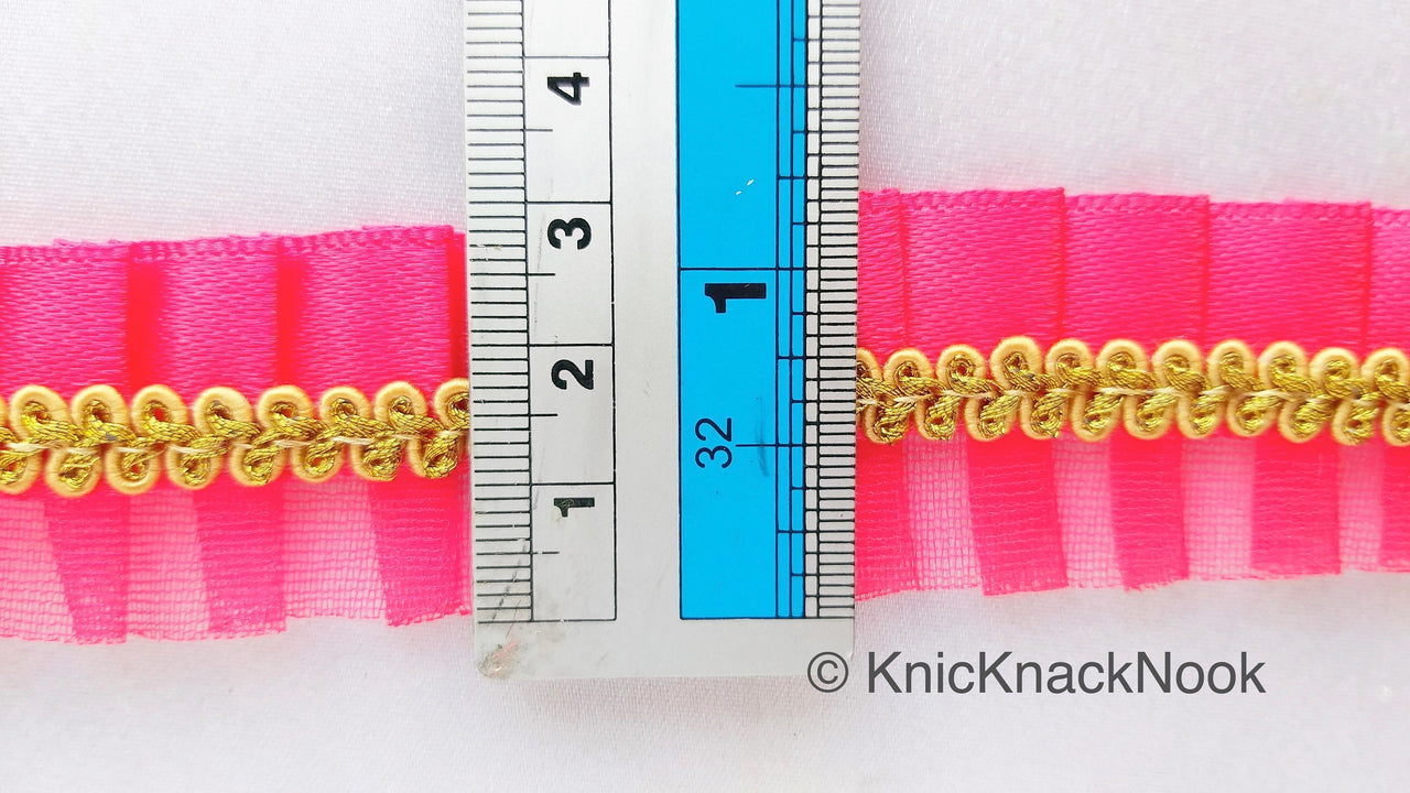 Watermelon Red Satin And Watermelon Red Net Fabric Trim With Gold Embroidery Trimming, Pleated Lace, Trim