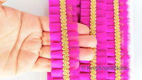 Thumbnail for Purple Satin And Purple Net Fabric Trim With Gold Embroidery Trimming, Pleated Lace Trim, Trim