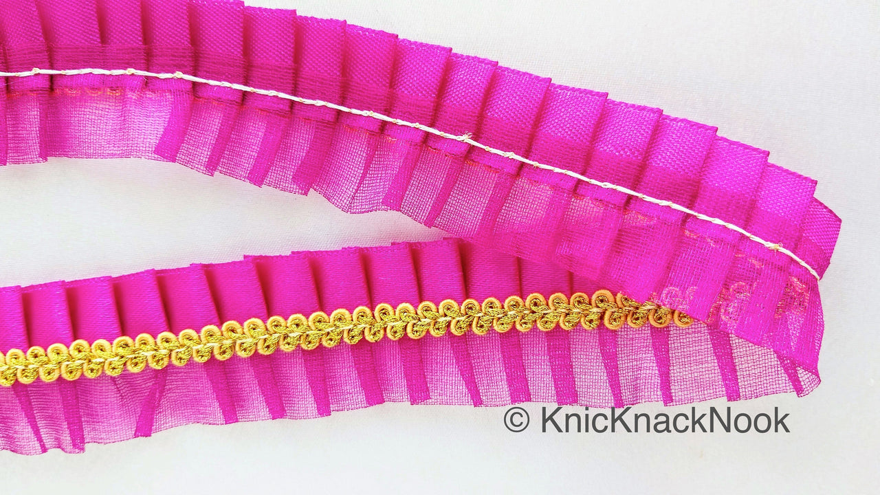 Purple Satin And Purple Net Fabric Trim With Gold Embroidery Trimming, Pleated Lace Trim, Trim