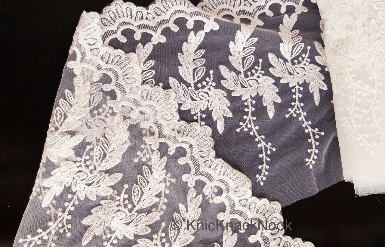 White Net Trim With Beautiful Floral Embroidery, Approx. 10.5 Inches wide, Lace Trim