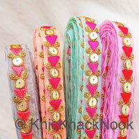 Thumbnail for Mint Green Tissue Fabric Trim In Pink & Gold Embroidery With Gold Sequins, , Lace Trim By 2 Yards Indian Decorative Trim