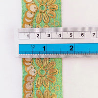Thumbnail for Indian Sari Trim, Green Art Silk Fabric With Gold Thread Embroidered Flowers Trim, Gold Sequins