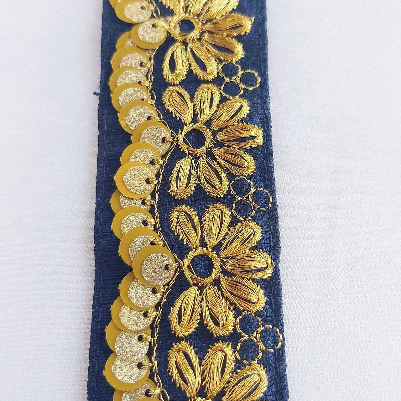 Indian Sari Trim, Blue Art Silk Fabric With Gold Thread Embroidered Flowers Trim, Gold Sequins