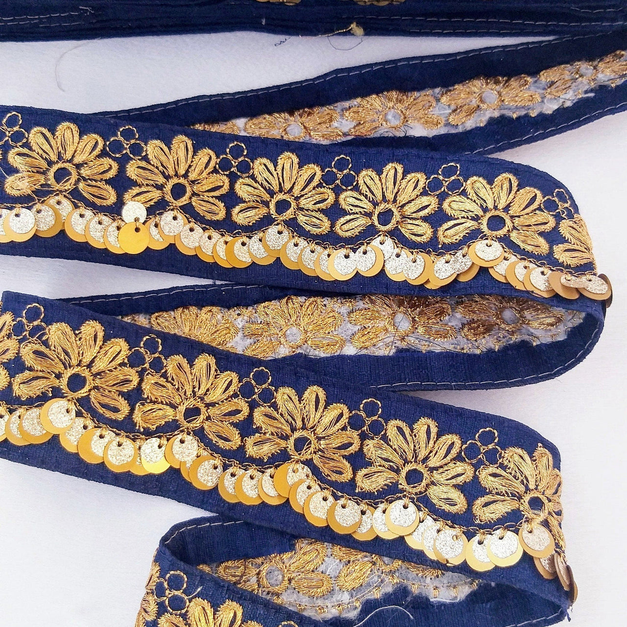 Indian Sari Trim, Blue Art Silk Fabric With Gold Thread Embroidered Flowers Trim, Gold Sequins