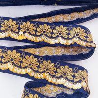 Thumbnail for Indian Sari Trim, Blue Art Silk Fabric With Gold Thread Embroidered Flowers Trim, Gold Sequins