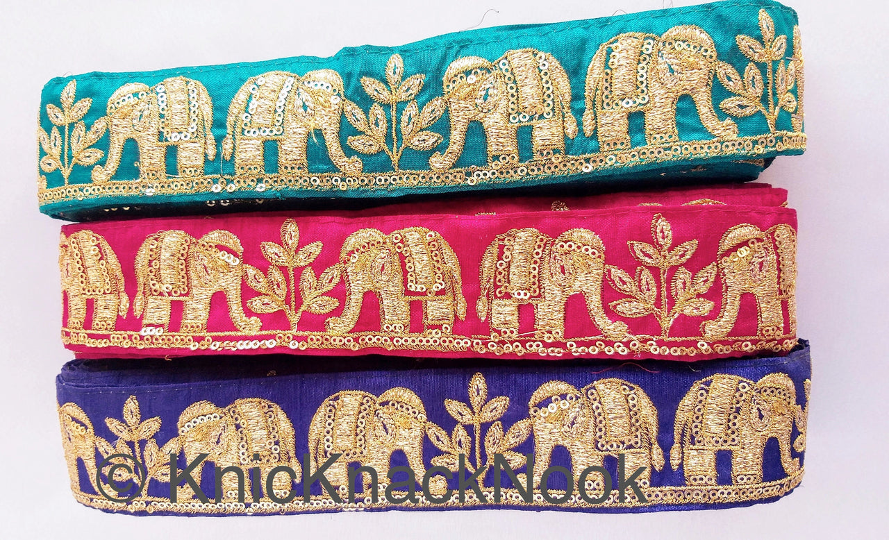 Maroon Art Silk Fabric Trim With Intricate Elephant Embroidery Antique Gold, Saree Border, Lace Trim