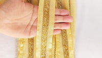 Thumbnail for Wholesale Beige Fabric Trim With Gold Seed Beads And Gold Bugle Beads, Beaded Trim,